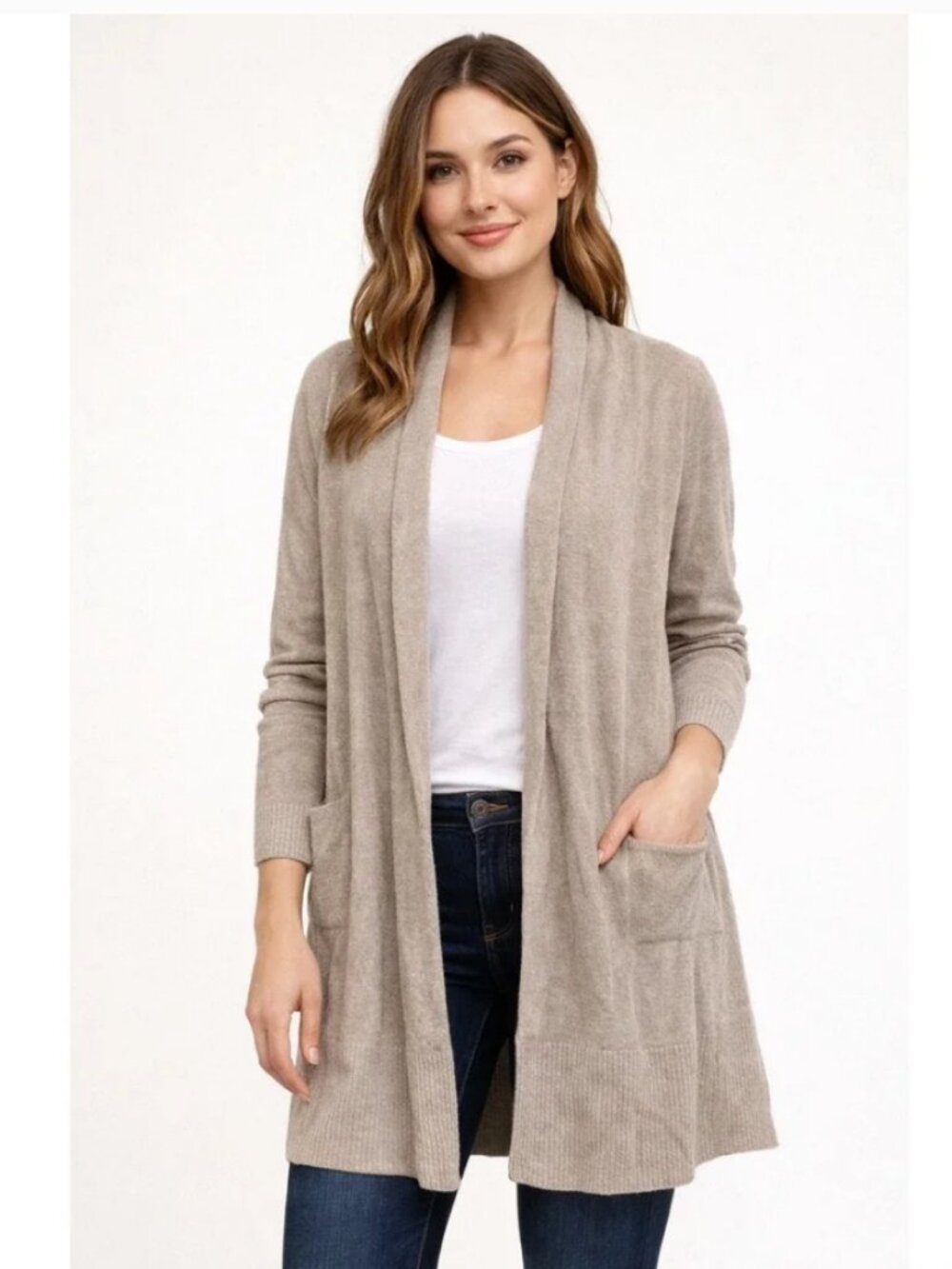 Barefoot Dreams CozyChic Ultra Lite Cardigan Taupe‎ Tan BDWCU22051 Womens Small